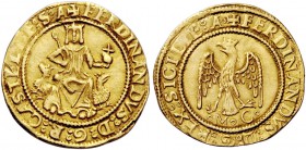 Messina. Ferdinando il Cattolico, 1479-1516. Emissioni anteriori alla conquista di Napoli, 1490 – 1503 circa. Trionfo, AV 3,47 g. + FERDINANDVS D G R ...