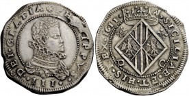 Messina. Filippo III di Spagna, 1598-1621. Da 10 tarì 1611, AR 31,58 g. PHILIPPVS – III – DEI GRATIA Busto corazzato e drappeggiato con colletto alla ...