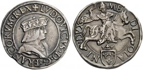 Milano. Luigi XII re di Francia, 1500-1512. Testone, AR 9,62 g. + LVDOVICVS D G FRANCORVM REX Busto con berretto con gigli a d. Rv. ME DIOL – AN – I D...