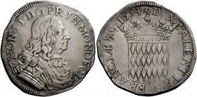 Monaco. Onorato II Grimaldi, 1604-1662. Scudo 1654, AR 26,77 g. HON II D.G PRIN MONOECI Busto corazzato e paludato a d. Rv. DVX VALENT PAR FRANCIÆ & C...