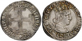 Napoli. Coronato 1472-1478, AV 3,98 g. FERDINANDVS D G R SICILI IER V Croce potenziata con striature; sotto C gotica (Jacopo Cotrugli, m.d.z.). Rv. CO...