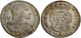 Napoli. Carlino 1689, AR 2,55 g. CAROLVS II – D G REX HIS Busto drappeggiato e corazzato a d.; dietro sigle A G / A (Andrea Giovane m.d.z. e Marco Ant...