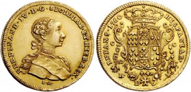 Napoli. Ferdinando IV (poi I) di Borbone, 1759-1825. I periodo: 1759-1799. Da 6 ducati 1760, AV 8,80 g. FERDINAND IV D G SICILIAR ET HIER REX Busto in...