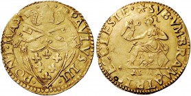 Parma. Paolo III (Alessandro Farnese), 1534-1549. Scudo, AV 3,33 g. PAVLVS III – PONT MAX Stemma sormontato da triregno e chiavi decussate con cordoni...