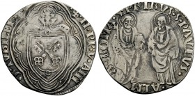 Roma. (§) Grosso del Giubileo 1450, AR 3,49 g. + N PP V ANN – O IVBILEI Stemma sormontato da triregno e chiavi decussate entro doppia cornice di centi...