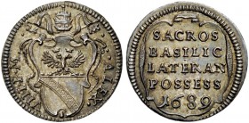 Roma. (§) Mezzo grosso del Possesso 1689, AR, 0,76 g. ALEX – VIII P M Stemma sormontato da triregno e chiavi decussate. Rv. SACROS / BASILIC / LATERAN...