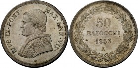 Roma. (§) Da 50 baiocchi anno VII/1853. Pagani 401. Muntoni 12. Berman 3310.
Raro. Fondi lucenti, q.Fdc