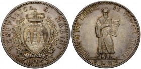 San Marino (Repubblica di). Repubblica di San Marino. I periodo, 1864-1938. Da 5 lire 1898. Pagani 357.
Spl