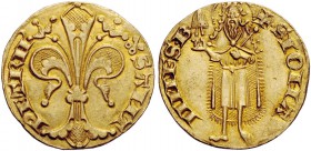 Monetazione anonima del secolo XIV. Avignone. Fiorino, AV 3,54 g. Piccole chiavi decussate SANT – PETRH Giglio. Rv. S IOHA – NNES B mitria S. Giovanni...