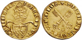 Giovanni XXIII antipapa (Baldassarre Cossa), 1410-1419. Avignone. Fiorino da 24 soldi, AV 2,74 g. IOHES PP VI – CESMUS III Stemma sormontato da trireg...