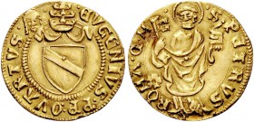 Eugenio IV (Gabriele Condulmer), 1431-1447. Ducato papale, AV 3,46 g. EVGENIVS PP QVARTVS Volto Santo (segno di zecchiere non identificato) Stemma sor...
