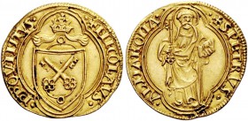 Niccolò V (Tommaso Parentucelli), 1447-1455. Ducato papale, AV 3,53 g. + NICOLAVS – PP QVINTVS Stemma sormontato da triregno, entro cornice quadriloba...