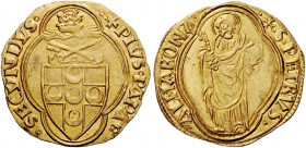 Pio II (Enea Silvio Piccolomini), 1458-1464. Ducato papale, AV 3,54 g. + PIVS PAPA rosetta (segno di Francesco Mariani della Zecca) – SECVNDVS Stemma ...