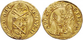 Paolo II (Pietro Barbo), 1464-1471. Ducato papale anno I, AV 3,50 g. PAVLVS II – PONT AN I Stemma sormontato da triregno e chiavi decussate, entro cor...