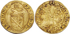 Paolo II (Pietro Barbo), 1464-1471. Ducato papale, AV 3,42 g. PAVLVS PP – SECVNDVS Stemma sormontato da triregno e chiavi decussate, entro cornice qua...