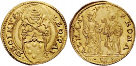 Leone X (Giovanni de’Medici), 1513-1521. Ducato papale, AV 3,46 g. LEO PAPA – DECIMVS Stemma sormontato da triregno e chiavi decussate entro doppia co...