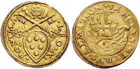 Leone X (Giovanni de’Medici), 1513-1521. Fiorino di camera, AV 3,38 g. LEO X – PONT MAX Stemma sormontato da triregno e chiavi decussate con cordoni e...