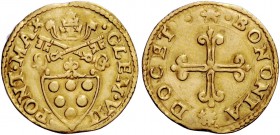 Clemente VII (Giulio de’Medici), 1523-1534. Bologna. Mezzo scudo del sole, AV 1,63 g. CLEM VII – PONT MAX MAX Stemma sormontato da triregno e chiavi d...