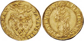 Paolo III (Alessandro Farnese), 1534-1549. Scudo, AV 3,37 g. PAVLVS III – segno di Giacomo Balducci PONT MAX Stemma sormontato da triregno e chiavi de...