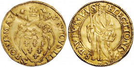 Paolo III (Alessandro Farnese), 1534-1549. Scudo, AV 3,34 g. PAVLVS III – segno di Giacomo Balducci PONT MAX Stemma sormontato da triregno e chiavi de...