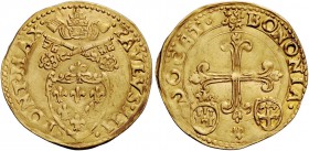 Paolo III (Alessandro Farnese), 1534-1549. Bologna. Scudo del sole (1534), AV 3,33 g. PAVLVS III – PONT MAX Stemma sormontato da triregno e chiavi dec...
