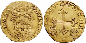 Paolo III (Alessandro Farnese), 1534-1549. Bologna. Scudo del sole (1542), AV 3,20 g. PAVLVS III – PONT MAX Stemma sormontato da triregno e chiavi dec...