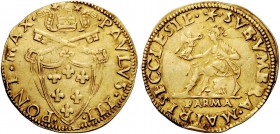 Paolo III (Alessandro Farnese), 1534-1549. Parma. Scudo, AV 3,33 g. PAVLVS III – PONT MAX Stemma sormontato da triregno e chiavi decussate con cordoni...