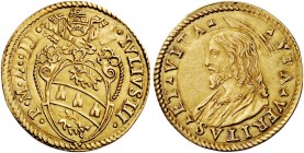Giulio III (Giovanni Maria Ciocchi del Monte), 1550-1555. Scudo anno II, AV 3,31 g. . IVLIVS III – P M A II Stemma sormontato da triregno e chiavi dec...