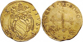 Pio V (Antonio Ghislieri), 1566-1572. Bologna. Scudo del sole (1566), AV 3,20 g. PIVS V – PONT MAX Stemma sormontato da triregno e chiavi decussate co...