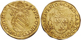 Pio V (Antonio Ghislieri), 1566-1572. Avignone. Scudo, AV 3,34 g. PIVS V PONT MAX Stemma sormontato da triregno e chiavi decussate. Rv. + CARO CAR D B...