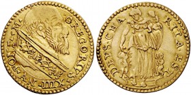 Gregorio XIII (Ugo Boncompagni), 1572-1585. Ancona. Scudo, AV 3,22 g. GREGORIVS XIII – PONT M Busto a d. con piviale ornato da rabeschi; sotto, nel gi...