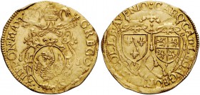 Gregorio XIII (Ugo Boncompagni), 1572-1585. Avignone. Scudo, AV 3,30 g. GREGORIVS – XIII PONT MAX Stemma sormontato da triregno e chiavi decussate con...