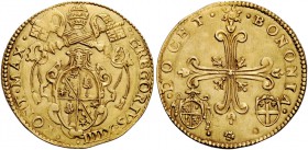 Gregorio XIV (Nicolò Sfondrati), 1590-1591. Bologna. Doppia, AV 6,60 g. GREGORIVS XIIII – PONT MAX Stemma sormontato da triregno e chiavi decussate. R...