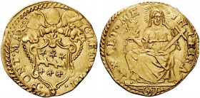 Clemente VIII (Ippolito Aldobrandini), 1592-1605. Scudo, AV 3,35 g. CLEMENS VIII – PONT MAX Stemma sormontato da triregno e chiavi decussate. Rv. IN P...