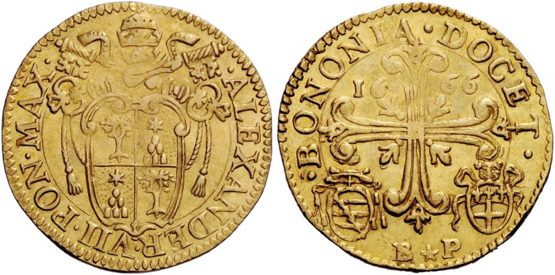 Alessandro VII (Fabio Chigi), 1655-1667. Bologna. Doppia 1666, AV 6,55 g. ALEXAN...