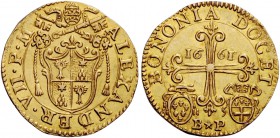 Alessandro VII (Fabio Chigi), 1655-1667. Bologna. Scudo 1661, AV 6,55 g. ALEXANDER VII P M Stemma sormontato da triregno e chiavi decussate. Rv. BONON...