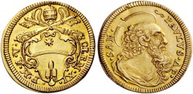 Clemente XI (Gianfrancesco Albani), 1700-1721. Scudo anno V, AV 3,33 g. CLEM XI – P M A V Stemma sormontato da triregno e chiavi decussate. Rv. SAN – ...