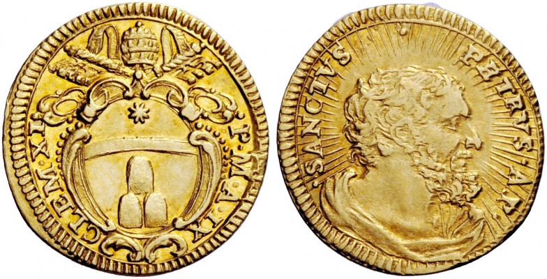 Clemente XI (Gianfrancesco Albani), 1700-1721. Mezzo scudo anno IX, AV 1,67 g. C...