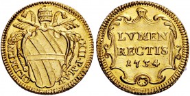 Clemente XII (Lorenzo Corsini), 1730-1740. Scudo anno V/1734, AV 3,10 g. CLEMENS – XII P M A V Stemma sormontato da triregno e chiavi decussate. Rv. L...