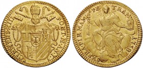 Clemente XIII (Carlo Rezzonico), 1758-1769. Zecchino anno I/1758, AV 3,40 g. CLEMENS XIII – PONT M A I Stemma sormontato da triregno e chiavi decussat...