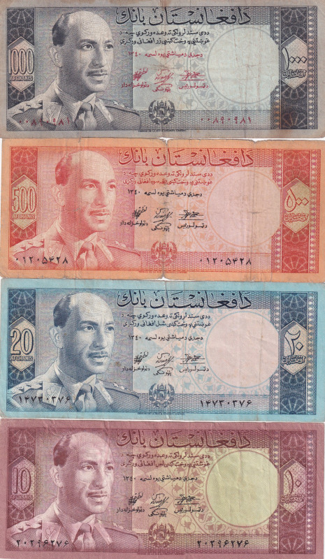 Afghanistan, 10-20-500-1.000 Afghanis, 1961, VF, p37; p38; p40A; p42a, (Total 4 ...