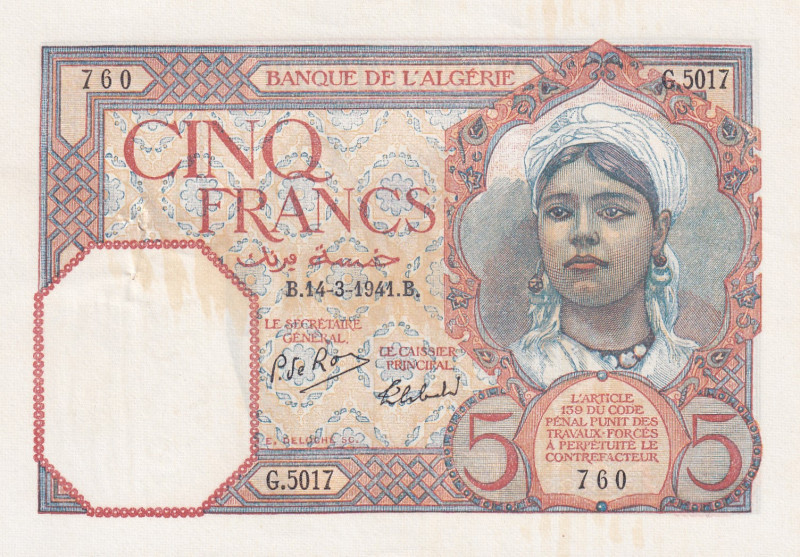 Algeria, 5 Francs, 1941, AUNC, p77b
It has a punch hole, Stained
Estimate: USD...