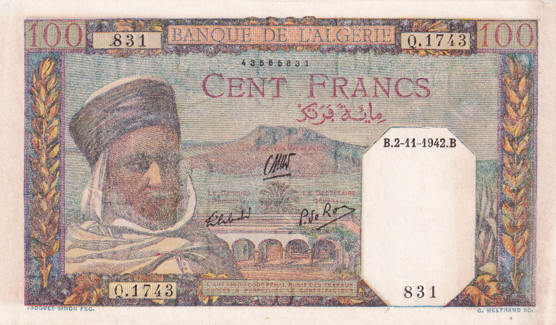Algeria, 100 Francs, 1942, UNC, p88a
Estimate: USD 100-200