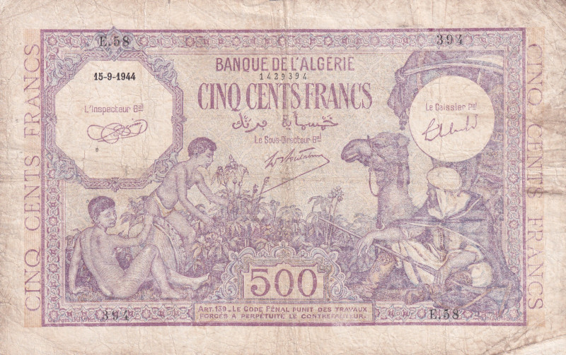 Algeria, 500 Francs, 1944, FINE, p95
There are stains and openings.
Estimate: ...