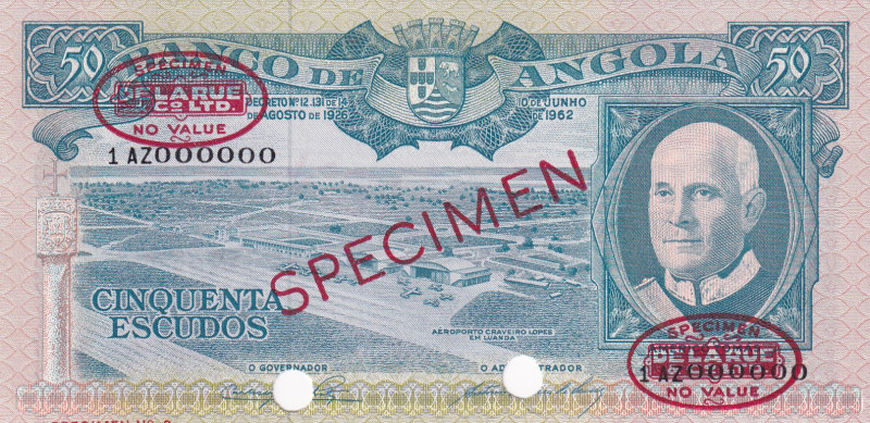 Angola, 50 Escudos, 1962, UNC, p93s, SPECIMEN
Banco De Angola
Estimate: USD 12...