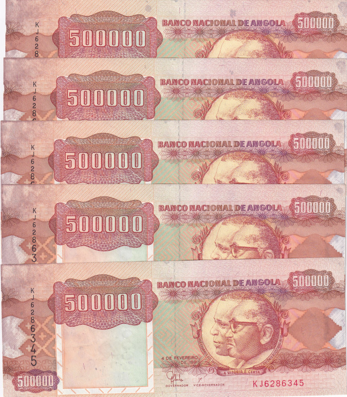 Angola, 500.000 Kwanzas, 1991, UNC(-), p134, (Total 5 consecutive banknotes)
St...