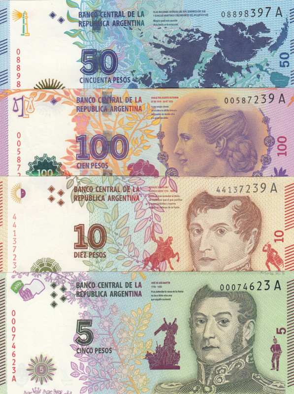 Argentina, 5-10-50-100 Pesos, 2012/2016, UNC, p358; p359; p360; p362, (Total 4 b...