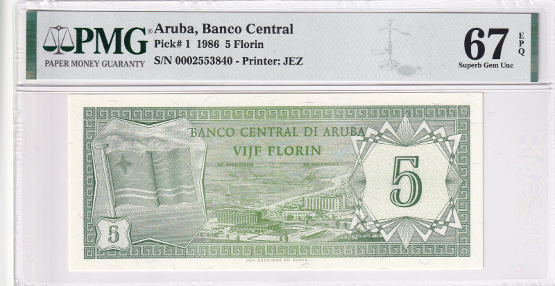 Aruba, 5 Florin, 1986, UNC, p1
PMG 67 EPQ, Aruba Banco Central
Estimate: USD 7...