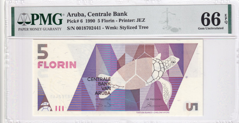 Aruba, 5 Florin, 1990, UNC, p6
PMG 66 EPQ, Aruba Banco Central
Estimate: USD 7...