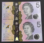Australia, 5 Dollars, 2016, UNC, p62, (Total 2 banknotes)
Twin serial number, Polymer plastics banknote
Estimate: USD 20-40